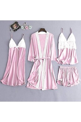 Luckywaqng Lot de 4 robes de nuit en satin et dentelle pour femme - Robe de nuit - Sous-vêtements - Costumes sexy, Rose, XXL