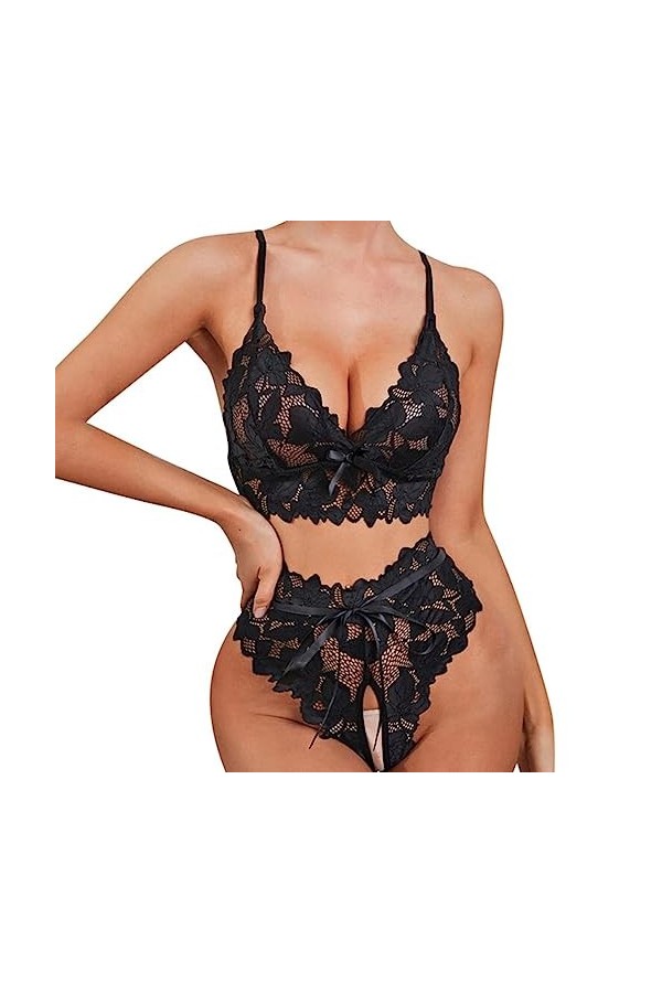 Lingerie Sexy pour Femme Soutien-Gorge en Dentelle Florale Culotte Ouverte à lentrejambe Costume de Sexe Lingerie Lingerie P
