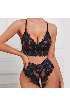 Lingerie Sexy pour Femme Soutien-Gorge en Dentelle Florale Culotte Ouverte à lentrejambe Costume de Sexe Lingerie Lingerie P