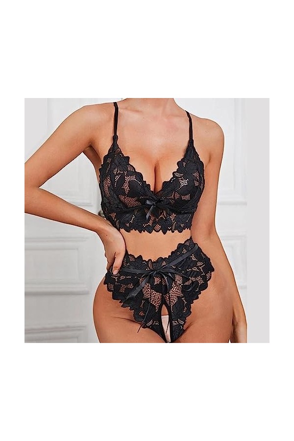 Lingerie Sexy pour Femme Soutien-Gorge en Dentelle Florale Culotte Ouverte à lentrejambe Costume de Sexe Lingerie Lingerie P