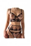 Ensemble de Lingerie Sexy pour Femmes 3 pièces en Dentelle brodée Sheer Mesh Bra Brief Set Fancy Garter Lingerie Panty Set-Bl