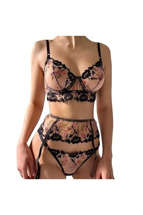 Ensemble de Lingerie Sexy pour Femmes 3 pièces en Dentelle brodée Sheer Mesh Bra Brief Set Fancy Garter Lingerie Panty Set-Bl
