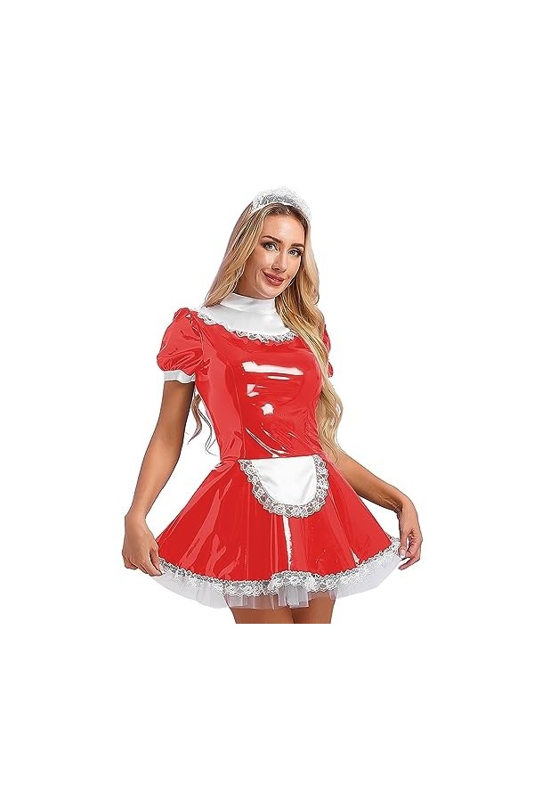 Agoky Robe De Soirée Cocktail Dentelle Déguisement Servante Femme De Chambre Sexy Soubrette Cuir Verni Costume Jeu De Rôle Un