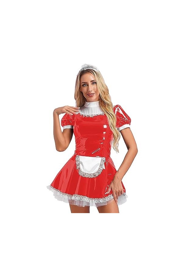 JanJean Costume De Soubrette Femme Robes En Cuir Verni Avec Tablier Tenue Deguisement Maid Outfits Sexy Wetlook Clubwear Jeux