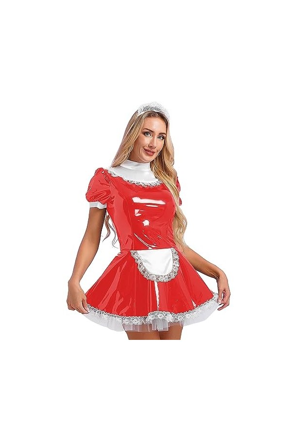 CHICTRY Femme Déguisement Soubrette Serveuse Cosplay Maid Uniforme Soubrette Robe en Cuir Verni Wetlook Lingerie Sexy Coquine