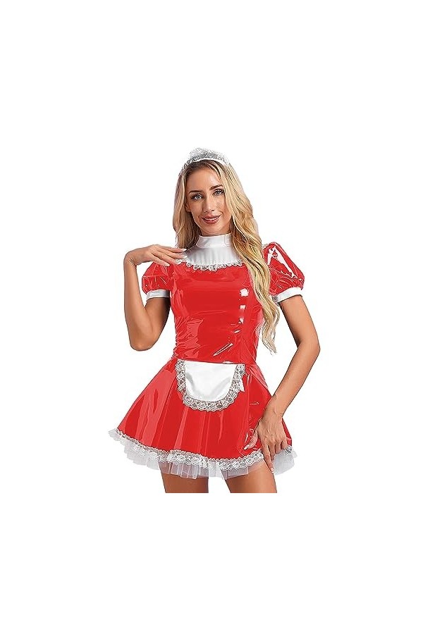 CHICTRY Femme Déguisement Soubrette Serveuse Cosplay Maid Uniforme Soubrette Robe en Cuir Verni Wetlook Lingerie Sexy Coquine