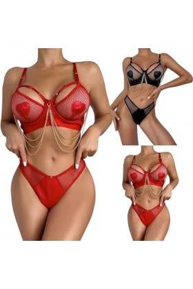 ZHIYU Ensemble de lingerie pour femme - Dos nu - Chaîne à pompons en métal - Lingerie de nuit - Clubwear - Entrejambe ouverte
