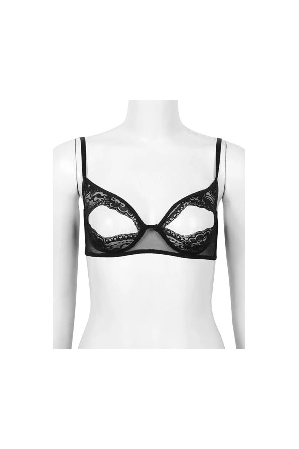 Sexy Lingerie Érotique Femme Bralette Ouverte en Dentelle avec Tétons Fendus, Noir, XXL