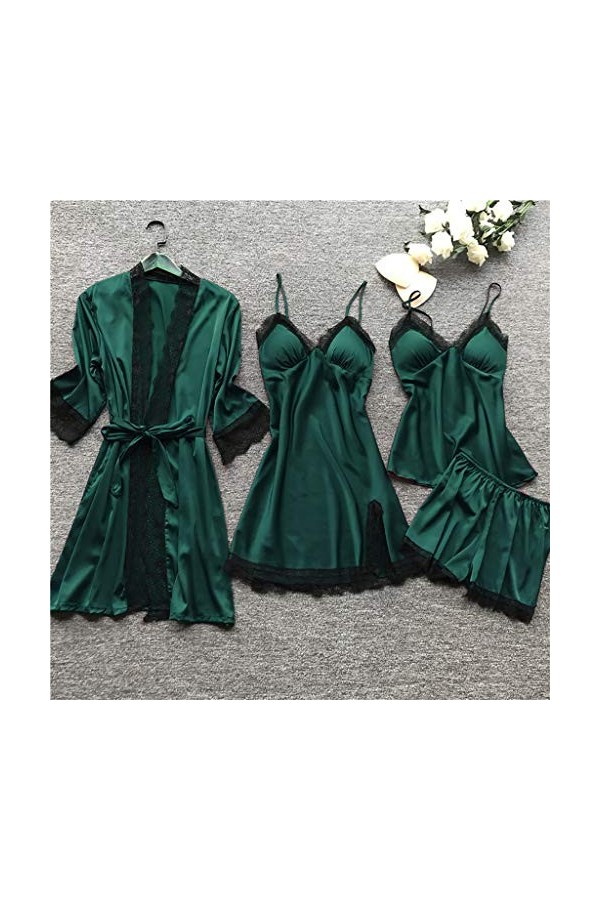Ensemble de pyjama 4 pièces pour femme en coton - Chemise de nuit - Lingerie sexy - Nuisette sexy - Robe de chambre - Robe de
