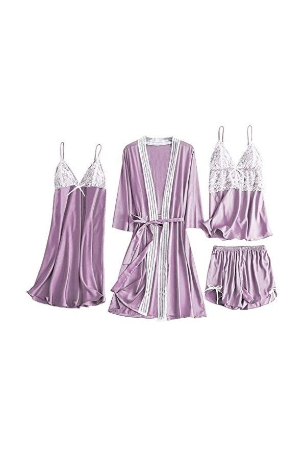 Luckywaqng Lot de 4 robes de nuit en satin et dentelle pour femme - Robe de nuit - Sous-vêtements - Costumes sexy, lilas, XXX