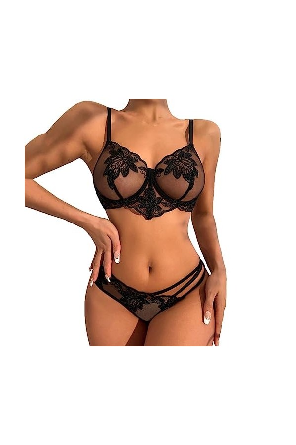 Ensemble de Lingerie Sexy pour Femme avec Broderie Florale et Culotte de Soutien-Gorge en Dentelle sans Fil avec Soutien-Gorg