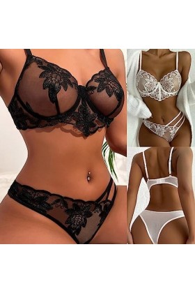 Ensemble de Lingerie Sexy pour Femme avec Broderie Florale et Culotte de Soutien-Gorge en Dentelle sans Fil avec Soutien-Gorg