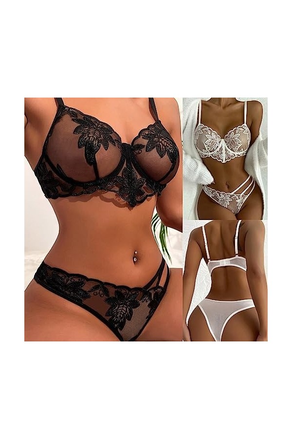 Ensemble de Lingerie Sexy pour Femme avec Broderie Florale et Culotte de Soutien-Gorge en Dentelle sans Fil avec Soutien-Gorg