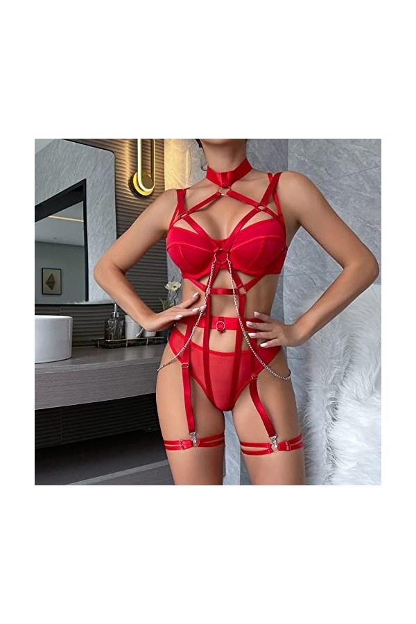 Sangle pour Femmes Sexy Cosplay chaîne Quatre pièces Sexy sous-vêtements Ensemble De Lingerie Dentelle Top Red, M 