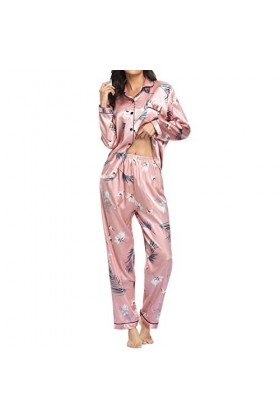 Ensemble de Pyjama Femme 2 pièce Pyjama en Satiné en Soie avec Poche Manche Longue Classique VêTements de Nuit Col en V Top 