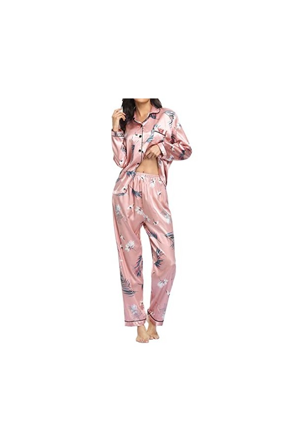 Ensemble de Pyjama Femme 2 pièce Pyjama en Satiné en Soie avec Poche Manche Longue Classique VêTements de Nuit Col en V Top 