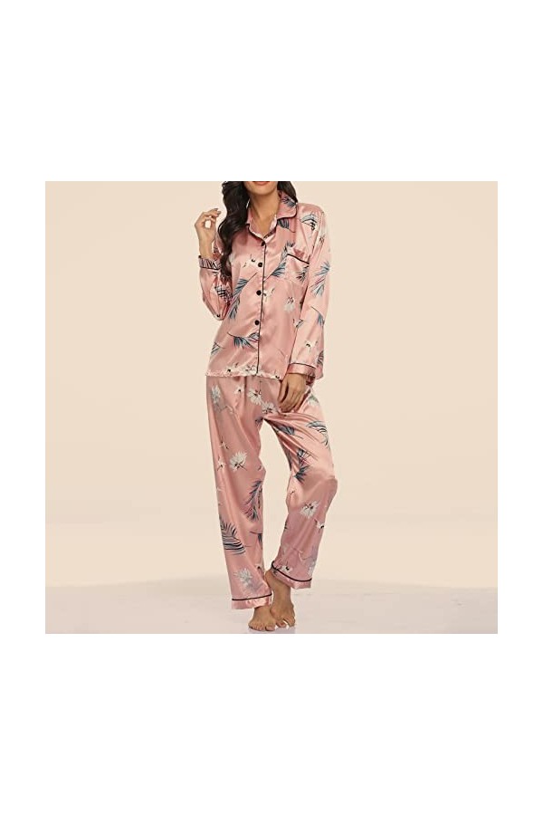 Ensemble de Pyjama Femme 2 pièce Pyjama en Satiné en Soie avec Poche Manche Longue Classique VêTements de Nuit Col en V Top 