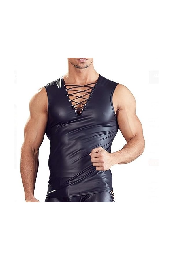 VOIV Sexy Hommes PU Cuir débardeurs sans Manches Fitness Musculation T-Shirts Latex fête Club vêtements de Nuit Singlet