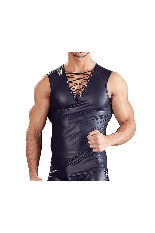 VOIV Sexy Hommes PU Cuir débardeurs sans Manches Fitness Musculation T-Shirts Latex fête Club vêtements de Nuit Singlet