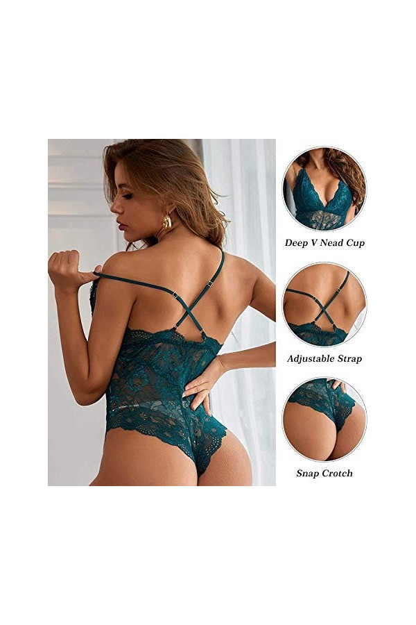 EVELIFE Body Femme Dentelle Col V sans Manche, Sexy Teddy Lingerie Dos Nu sous-Vêtements De Nuit, Babydoll Lingerie Transpare