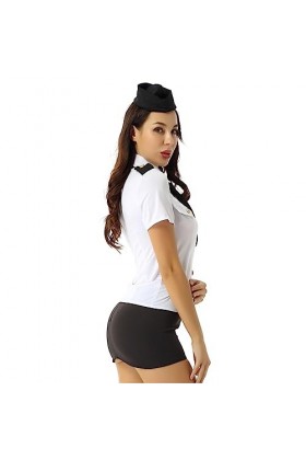 YOOJIA Femme Costume Hôtesse de lAir Sexy Costume de Flight Attendant Uniforme Sexy Déguisement Femme Chemise à Manches Cour
