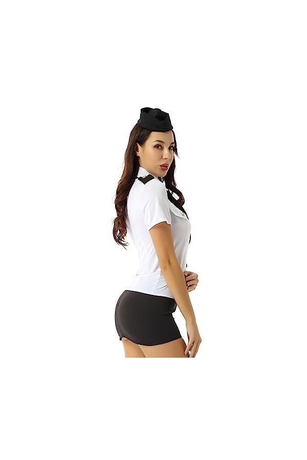 YOOJIA Femme Costume Hôtesse de lAir Sexy Costume de Flight Attendant Uniforme Sexy Déguisement Femme Chemise à Manches Cour