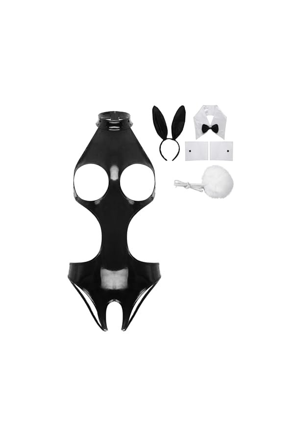 JEATHA Costume De Lapin Sexy Femme Bodysuit Sexy Ouvert Poitrine Catsuit Similicuir Sans Manches Ensemble Lingerie Séduction 