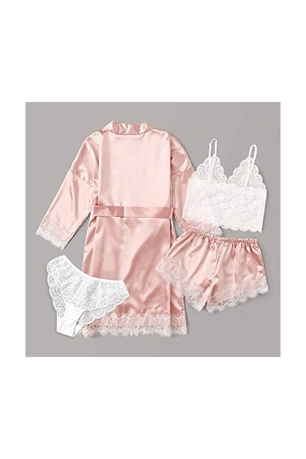 Pyjama 4 pièces pour femme - Couleur unie - Sexy - Col rond - Chemise de nuit pour la Saint-Valentin - Robe de nuit - T-shirt