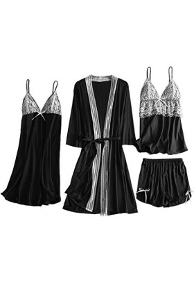 Luckywaqng Lot de 4 robes de nuit en satin et dentelle pour femme - Robe de nuit - Sous-vêtements - Costumes sexy, Noir , M