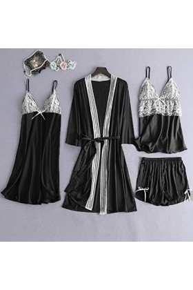 Luckywaqng Lot de 4 robes de nuit en satin et dentelle pour femme - Robe de nuit - Sous-vêtements - Costumes sexy, Noir , M