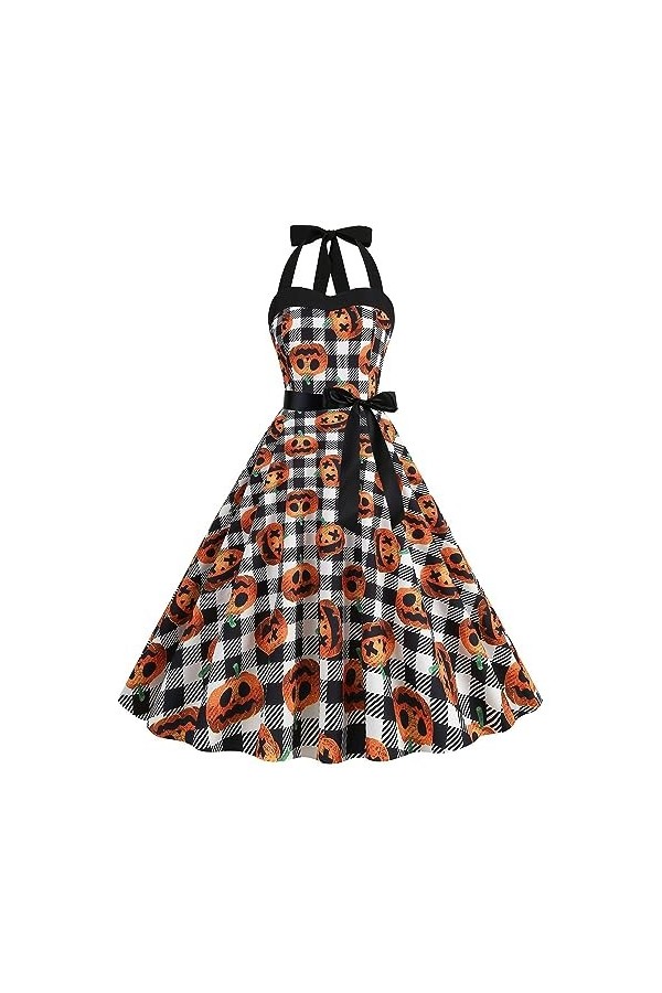 Robe en Lin Blanc Citrouille Fleur Suspendue Cou Imprimé Sexy Grande Robe Swing Robe Maison White, XL 