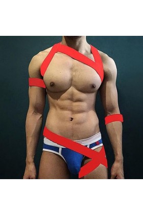 CHOUBAGUAI Bretelles Sexy pour Hommes Une pièce Poitrine Bretelles sous-vêtements avec Brassard Bracelet Ensemble-Rouge Ensem