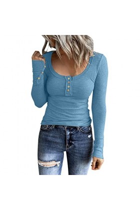 T-shirt à manches longues pour femme - Col en V - Col rond - En coton uni - Manches longues - Manches longues - Yk2 - Pour le