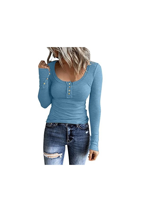 T-shirt à manches longues pour femme - Col en V - Col rond - En coton uni - Manches longues - Manches longues - Yk2 - Pour le