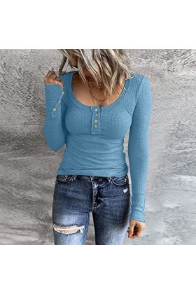 T-shirt à manches longues pour femme - Col en V - Col rond - En coton uni - Manches longues - Manches longues - Yk2 - Pour le