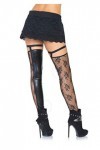 Leg Avenue Bas Auto-Fixant sans Pieds Wetlook/Dentelle avec Jarretière Noir Taille S/M