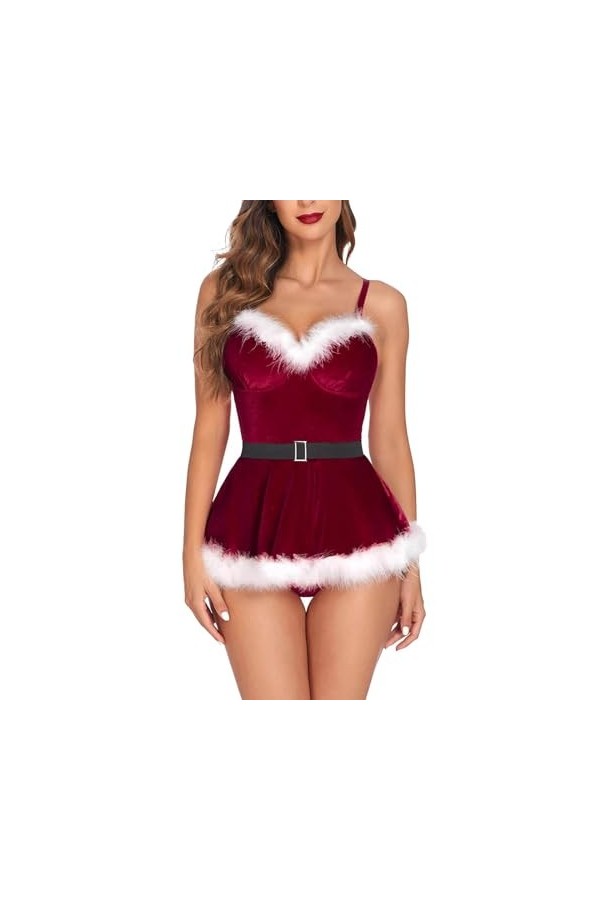 Fulidngzg Costume de Père Noël pour femme - Jolie tenue de fête de Noël - Lingerie XXL - Robe de Noël sexy - Vêtement de nuit