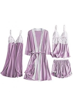 Luckywaqng Lot de 4 robes de nuit en satin et dentelle pour femme - Robe de nuit - Sous-vêtements - Costumes sexy, lilas, S