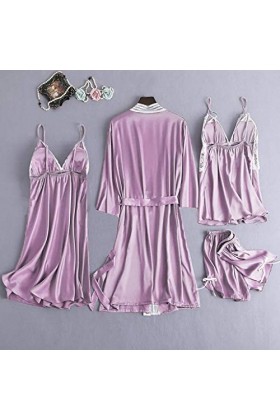 Luckywaqng Lot de 4 robes de nuit en satin et dentelle pour femme - Robe de nuit - Sous-vêtements - Costumes sexy, lilas, S