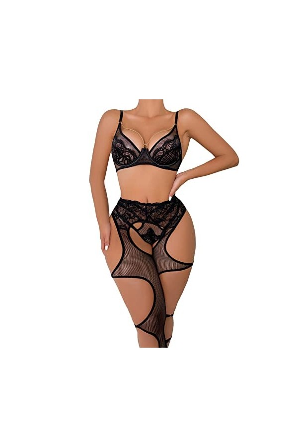 liaddkv Costume de cosplay sexy pour femme - Ensemble lingerie sexy en dentelle à lanières et culotte - Lingerie noir, L 
