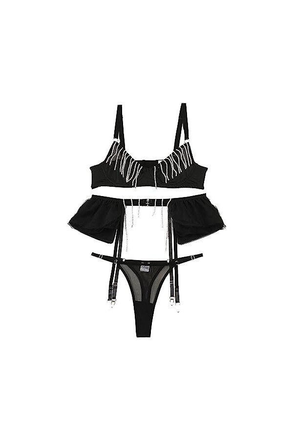 Lingerie Culotte ouverte en maille avec bretelles transparentes et lingerie sexy pour femme avec porte-jarretelles, Noir , M