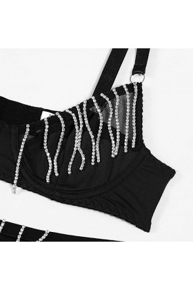 Lingerie Culotte ouverte en maille avec bretelles transparentes et lingerie sexy pour femme avec porte-jarretelles, Noir , M