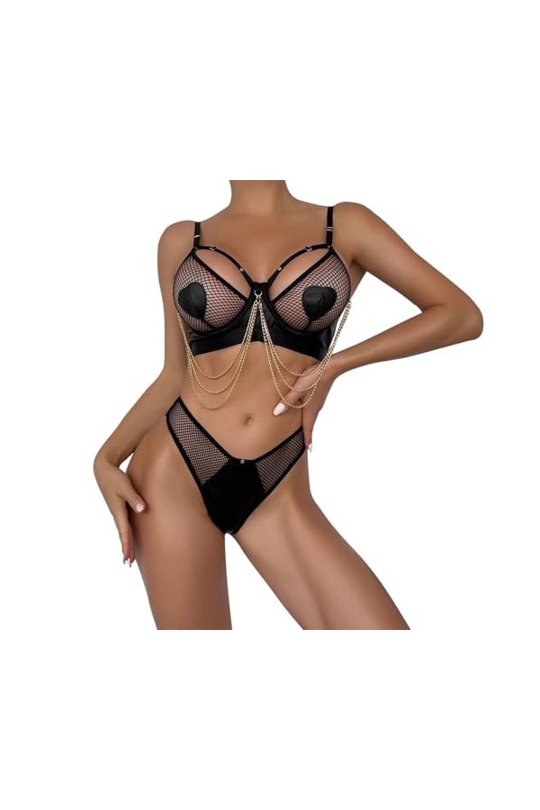 DUHGBNE Ensemble de lingerie pour femme, dos nu, body, chaîne à pampilles, en métal, vêtements de nuit, lingerie en maille, N