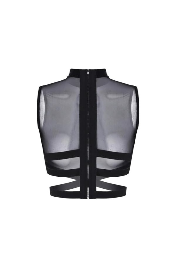 Lingerie Sexy Femme Coquine Hot &nbsp;Débardeur Transparent en Maille avec Fermeture Éclair Au Dos, Noir, M