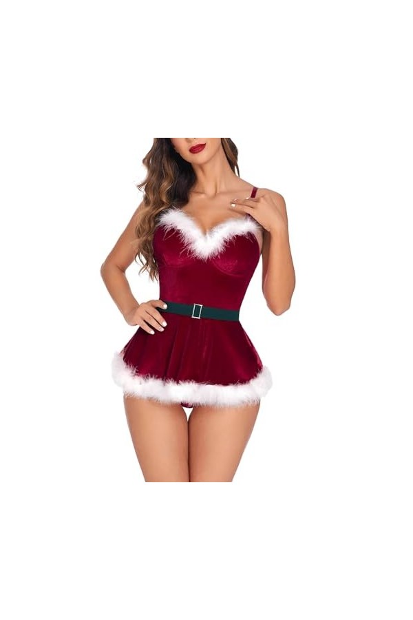 Fulidngzg Costume de Père Noël pour femme - Jolie tenue de fête de Noël - Lingerie XXL - Robe de Noël sexy - Vêtement de nuit