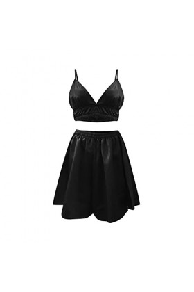 BOTCAM Jupe porte-jarretelles sexy pour femme, trois pièces, texture soie, manches longues, short en satin pour femme, Noir ,