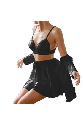 BOTCAM Jupe porte-jarretelles sexy pour femme, trois pièces, texture soie, manches longues, short en satin pour femme, Noir ,