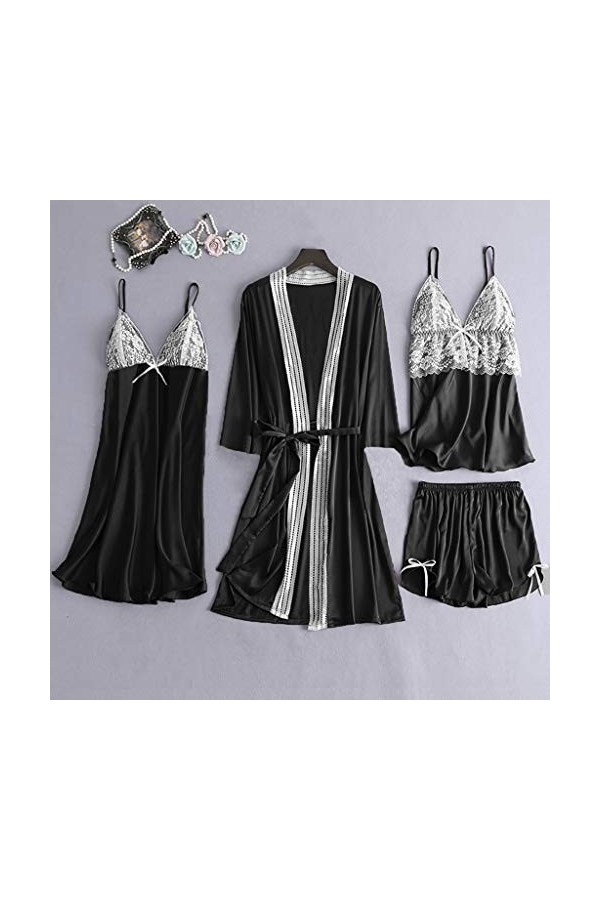 Luckywaqng Lot de 4 robes de nuit en satin et dentelle pour femme - Robe de nuit - Sous-vêtements - Costumes sexy, Noir , XL