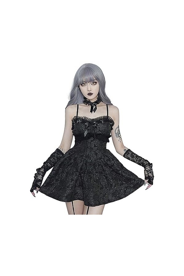 Robe porte-jarretelles en dentelle rose gothique foncé pour femme, Noir , 44