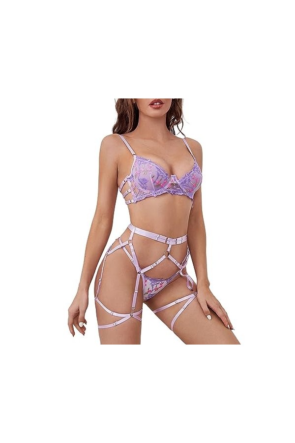 Kitty Lingerie de de Fleurs de sous-vêtements Amusants pour Femmes Voir à Travers lensemble de sous-vêtements Sexy Creux Lin